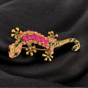 Colorful Lizard Brooch with Pink and Green Crystals